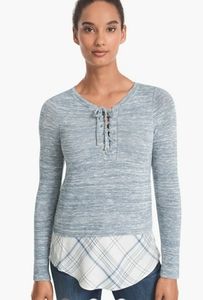 White House Black Market Plaid Hem Knit Pullover Long Sleeve Top Blue Size XS